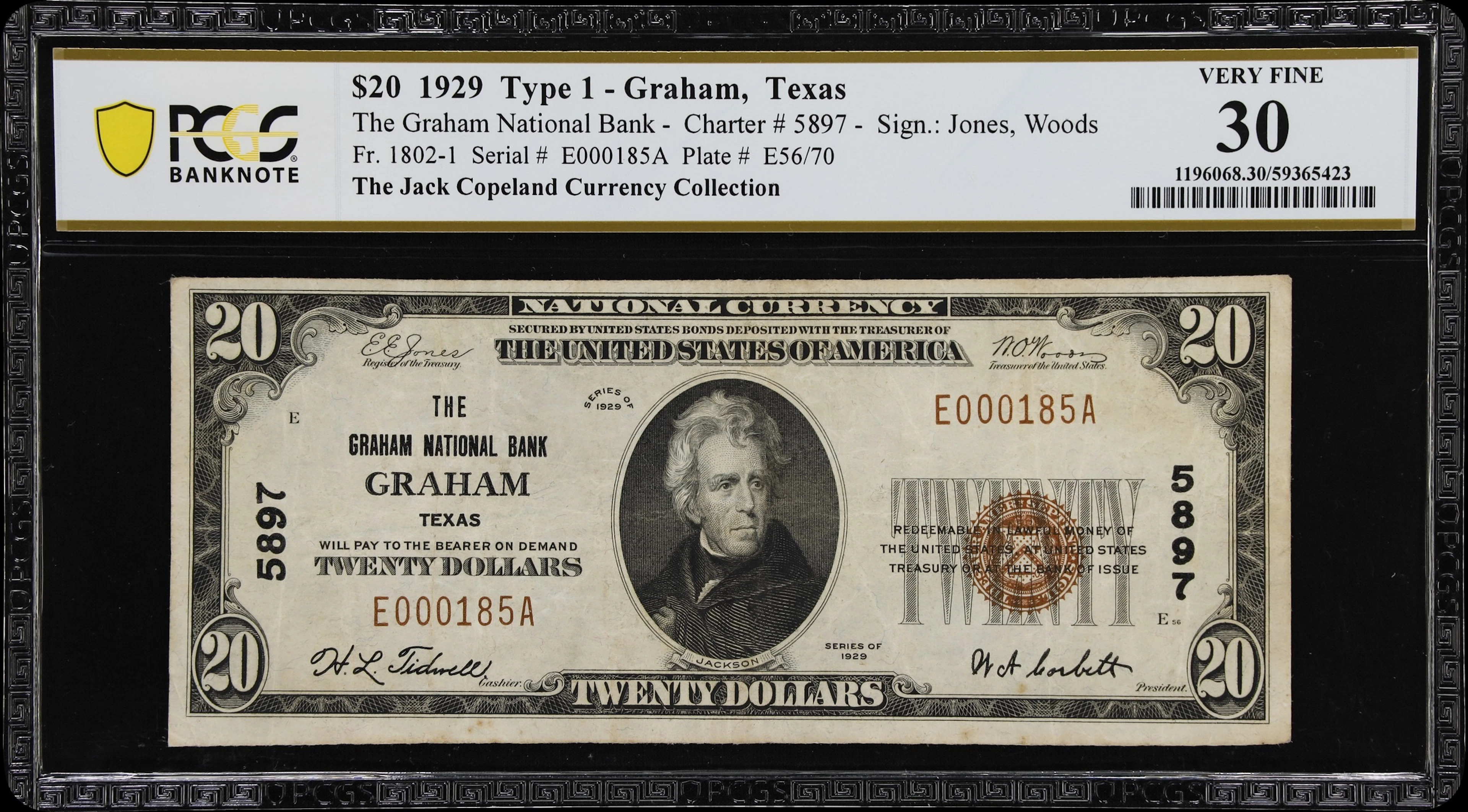 Graham, Texas. $20 1929 Ty. 1. Fr. 1802-1. Graham NB. Charter #5897.