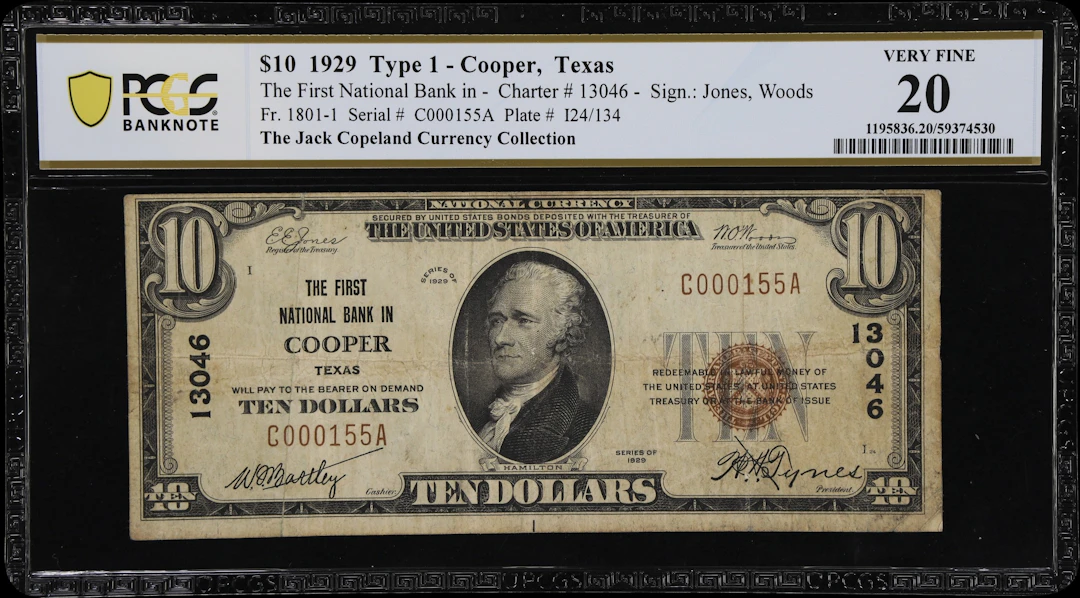 Cooper, Texas. $10 1929 Ty. 1. Fr. 1801-1. First NB. Charter #13046.
