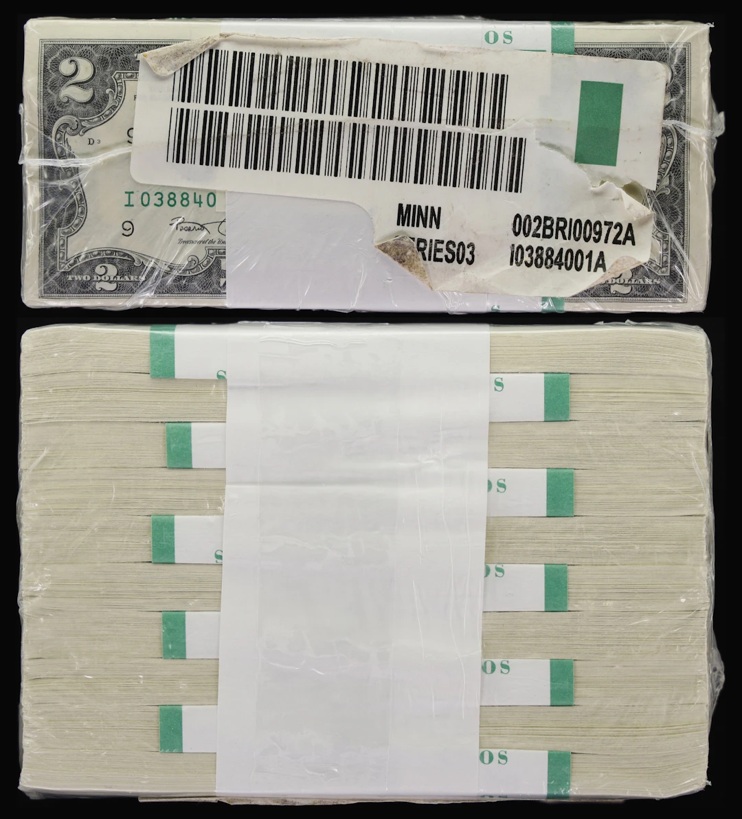 Brick of (1000) Fr. 1937-I. 2003 $2 Federal Reserve Notes. Minneapolis.