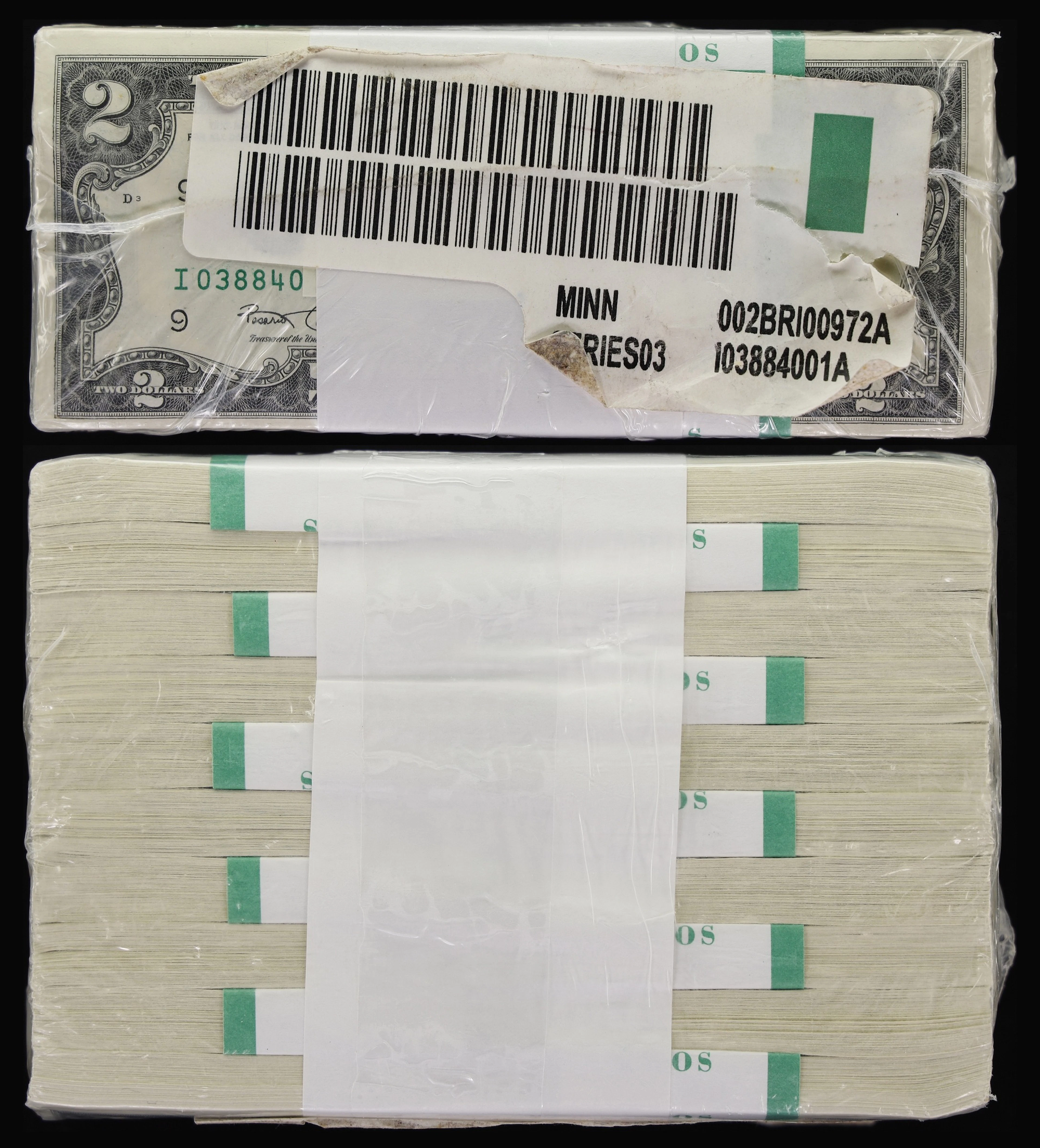 Brick of (1000) Fr. 1937-I. 2003 $2 Federal Reserve Notes. Minneapolis.