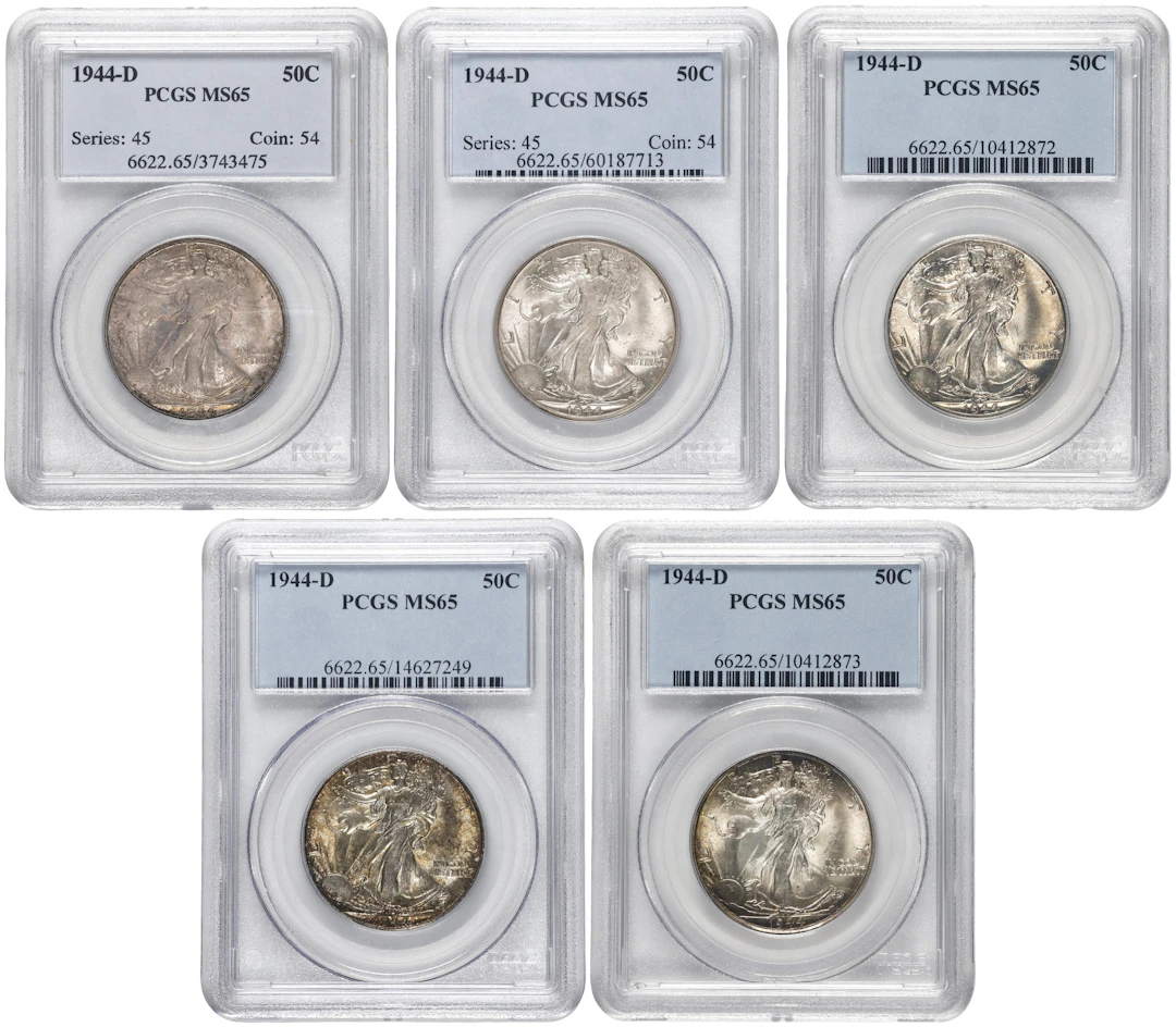 Lot of (5) 1944-D Walking Liberty Half Dollars. MS-65 (PCGS).
