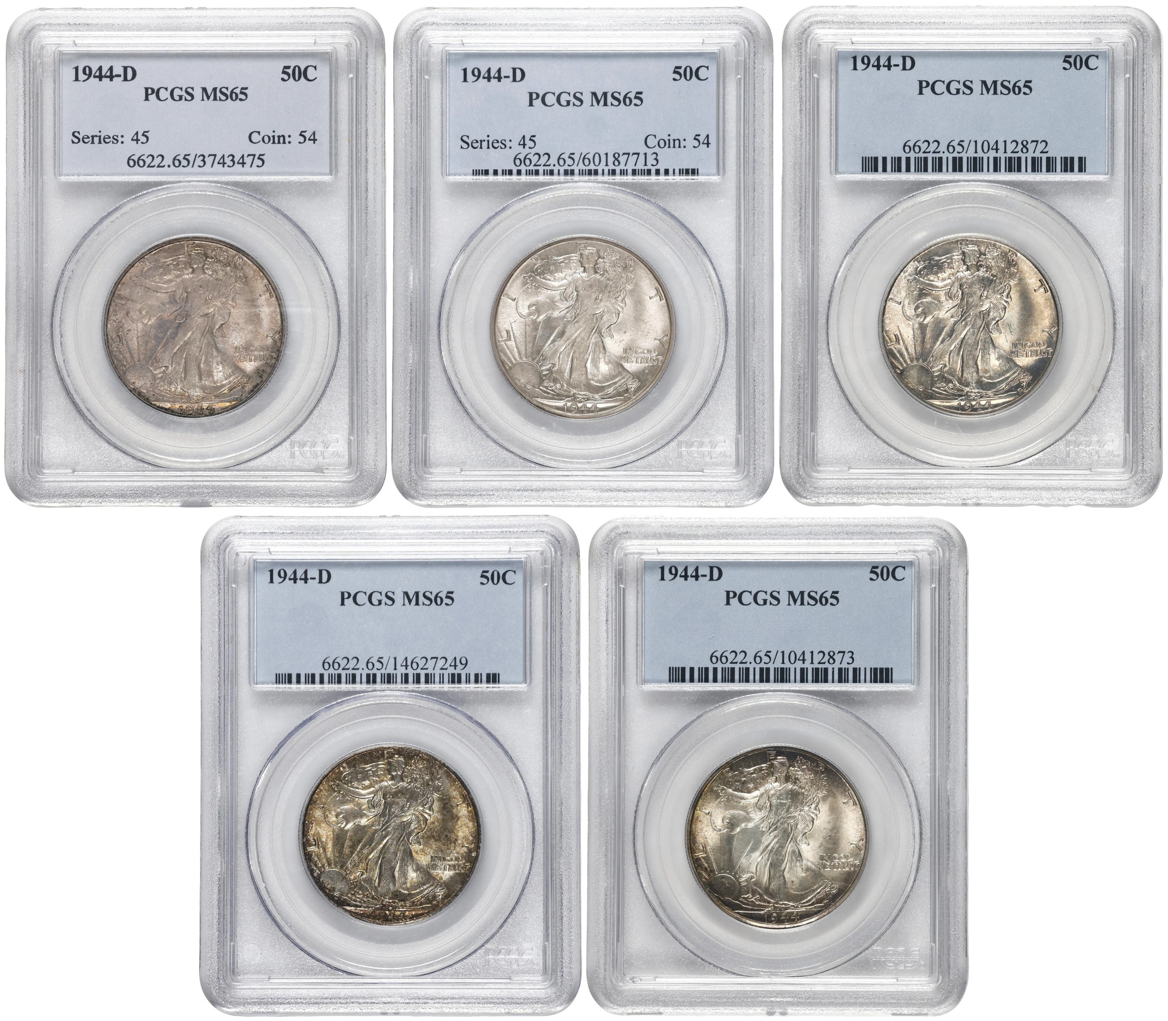 Lot of (5) 1944-D Walking Liberty Half Dollars. MS-65 (PCGS).