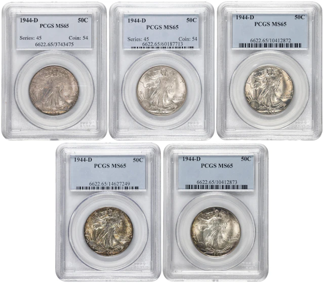 Lot of (5) 1944-D Walking Liberty Half Dollars. MS-65 (PCGS).