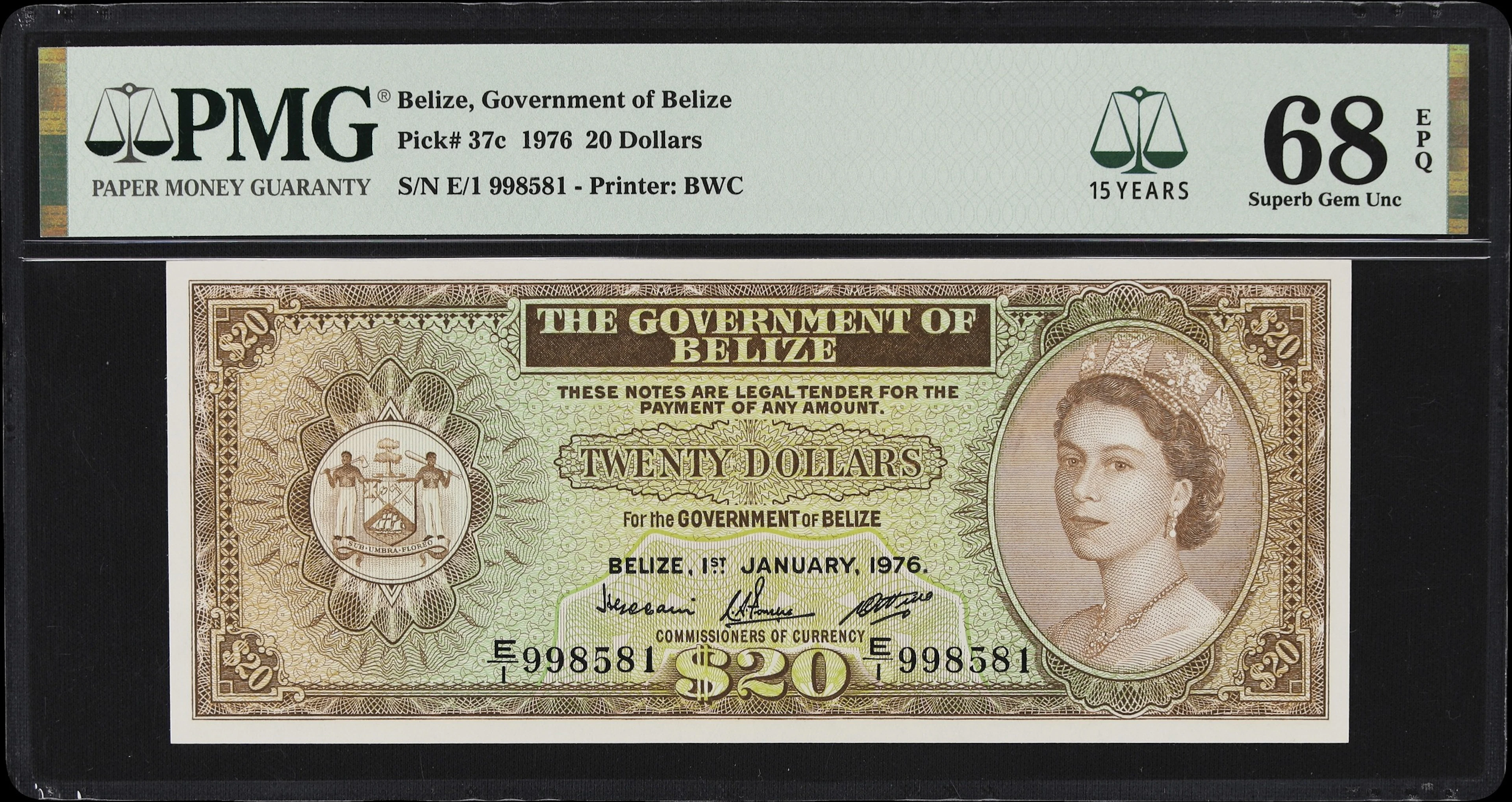 BELIZE. Government of Belize. 20 Dollars, 1.1.1976. P-37c. PMG Superb