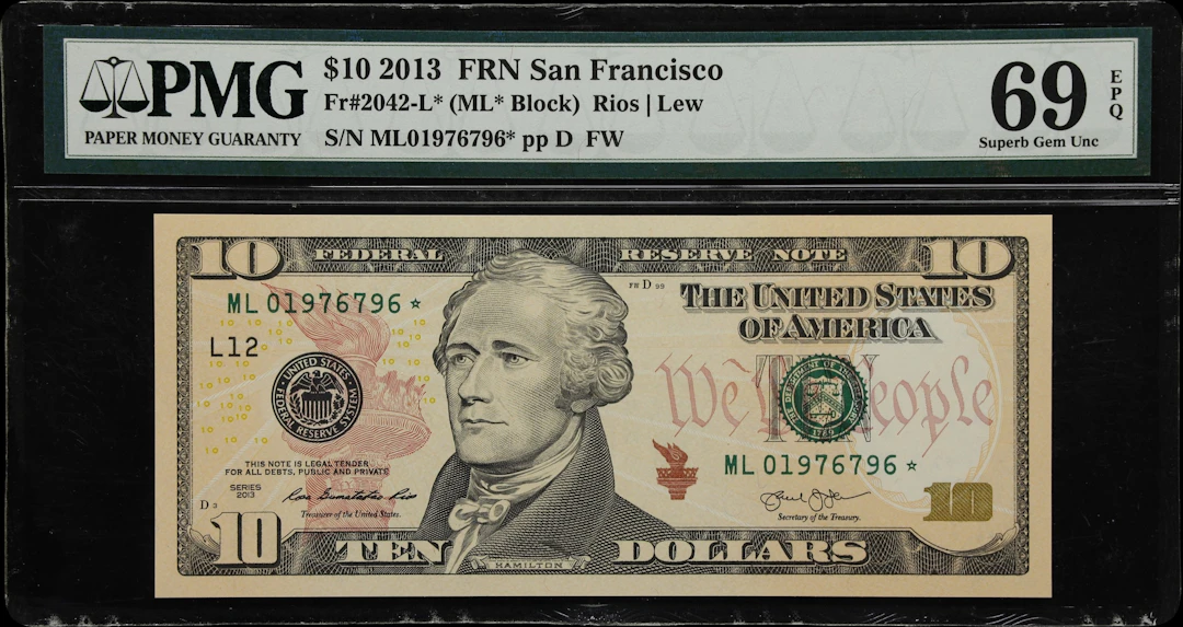 Fr. 2042-L*. 2013 $10 Federal Reserve Star Note. San Francisco. PMG