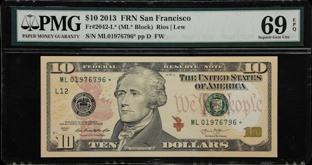 Fr. 2042-L*. 2013 $10 Federal Reserve Star Note. San Francisco. PMG