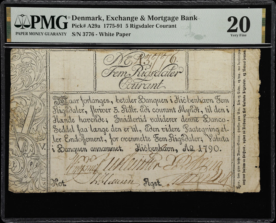 (◊) DENMARK. Exchange & Mortgage Bank. 5 Rigsdaler Courant, 1790.