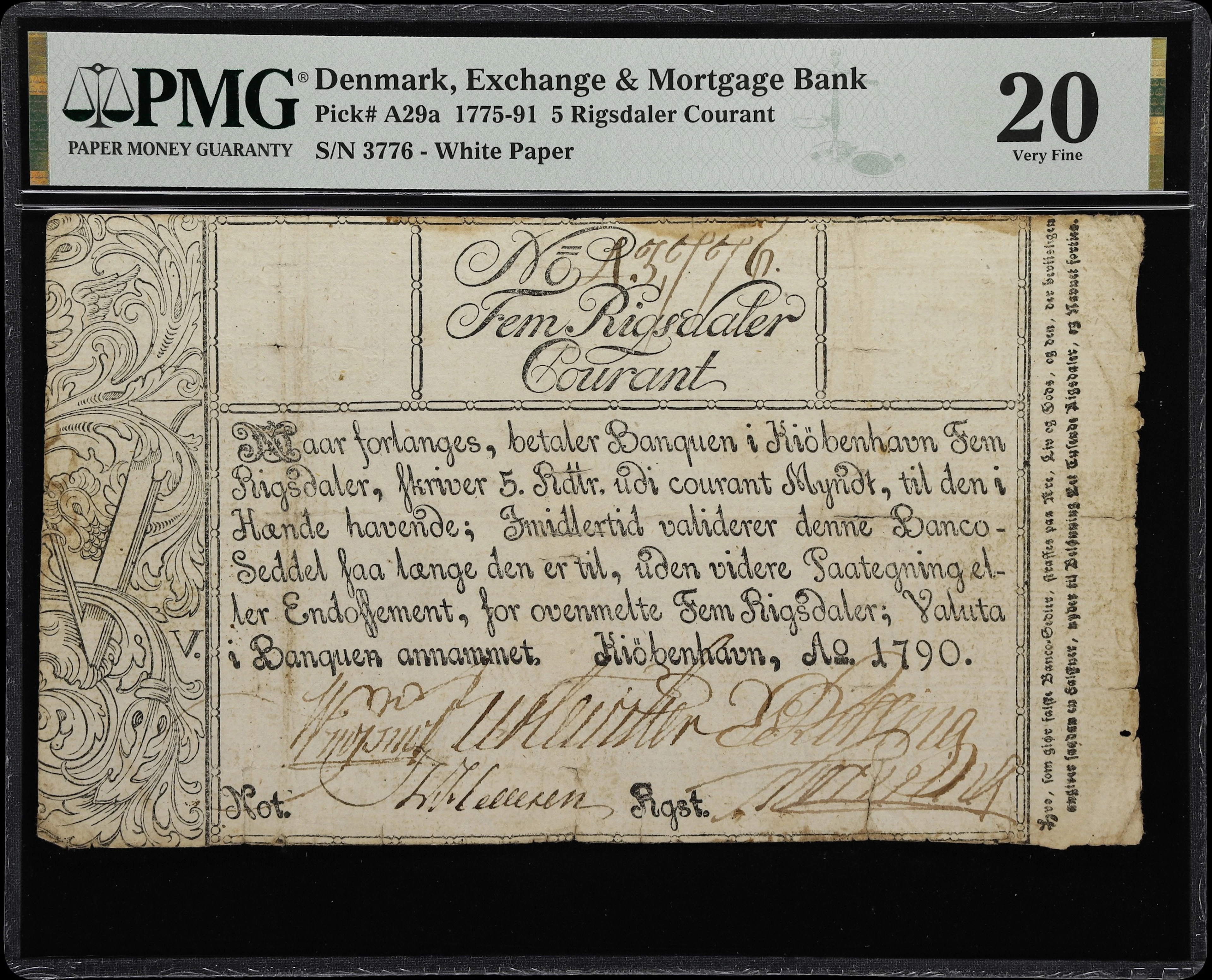 (◊) DENMARK. Exchange & Mortgage Bank. 5 Rigsdaler Courant, 1790.