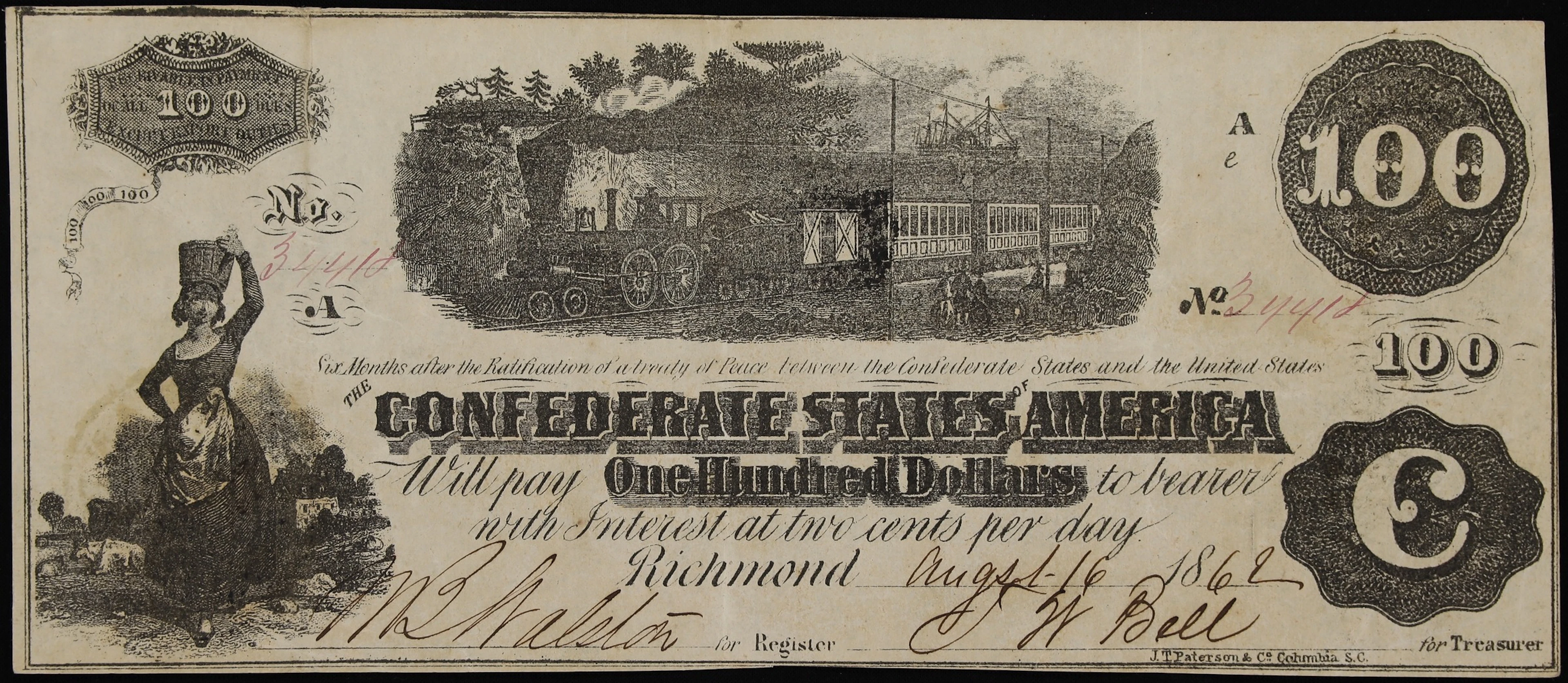 T-40. Confederate Currency. 1862 $100. Very Fine. Trans-Mississippi Issue.