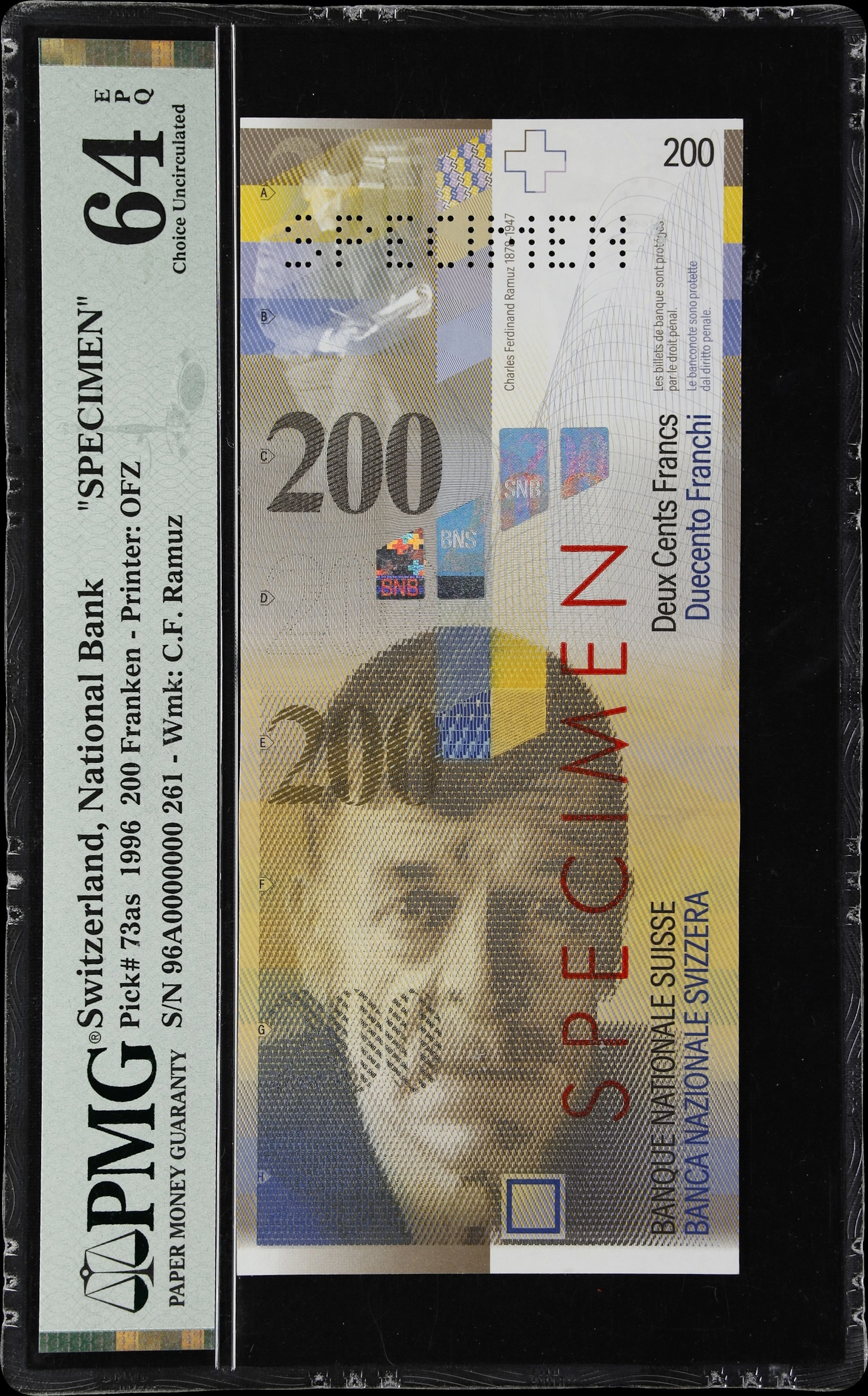 SWITZERLAND. Schweizerische Nationalbank. 200 Franken, 1996. P-73as.