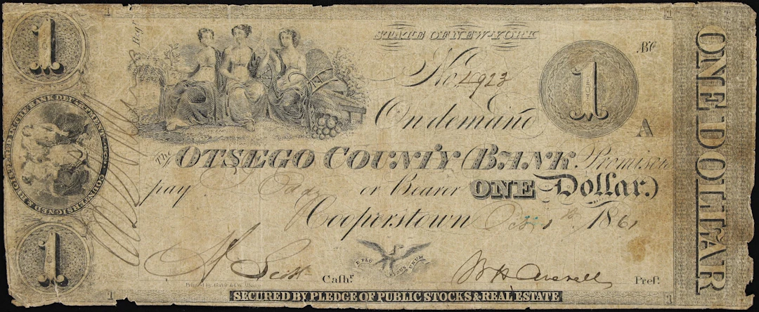 Cooperstown, New York. Otsego County Bank. 1861 $1. Very Good.