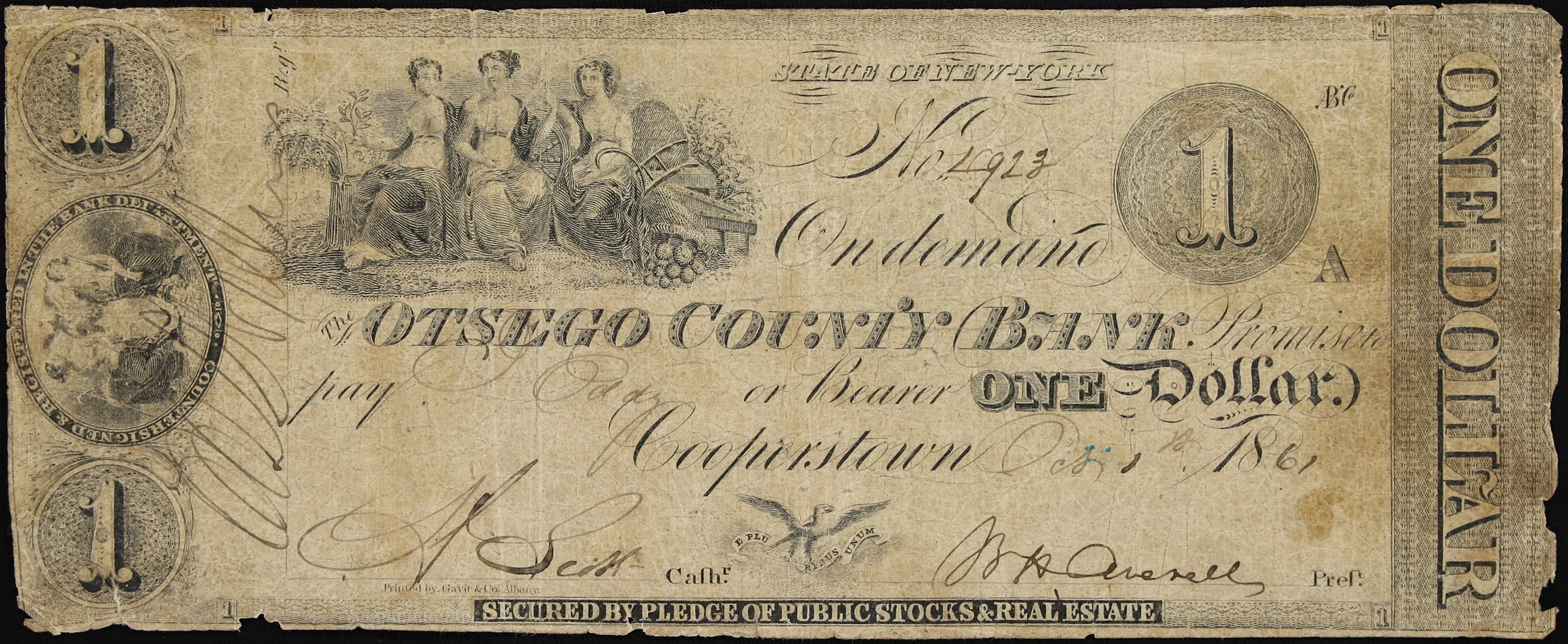 Cooperstown, New York. Otsego County Bank. 1861 $1. Very Good.