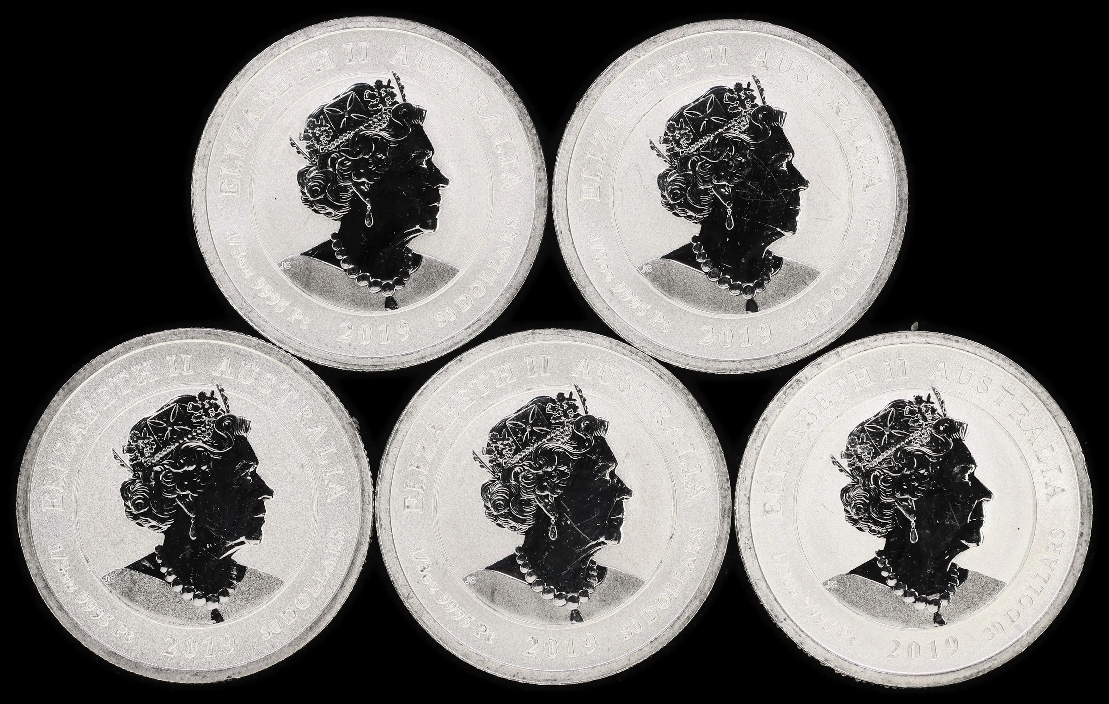 (1.667 oz, 51.84 g APtW). Australia. Lot of (5) 2019 Humpback Whale