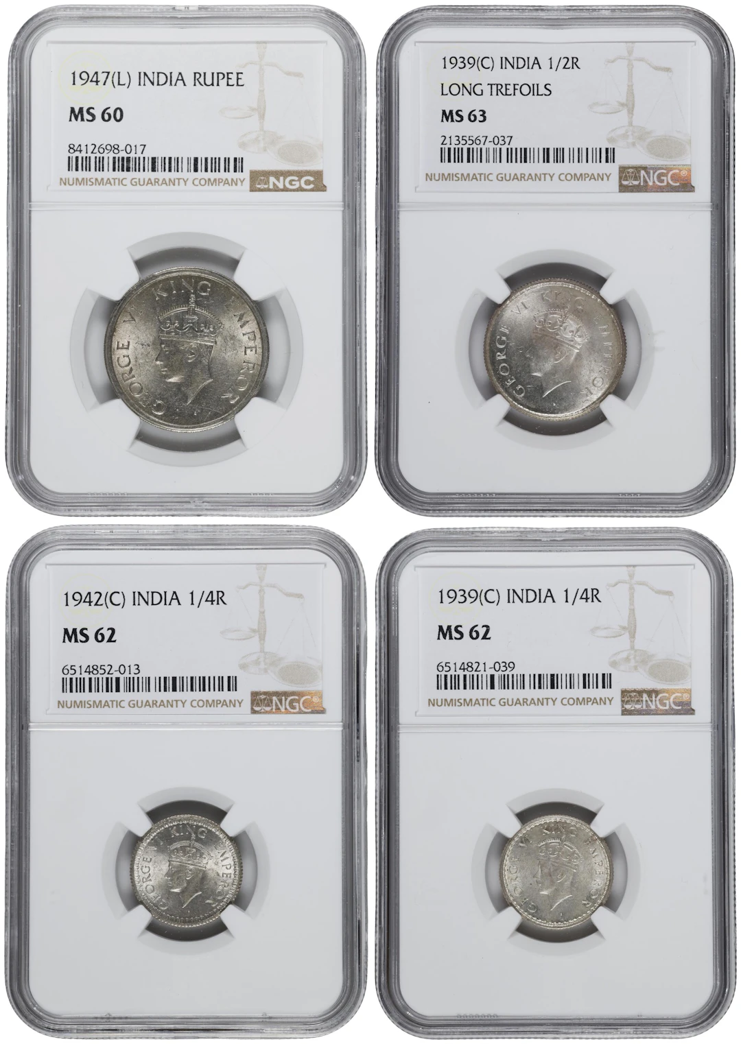 INDIA. Quartet of Mixed Denominations, 1939-47. George VI. All NGC Certified.
