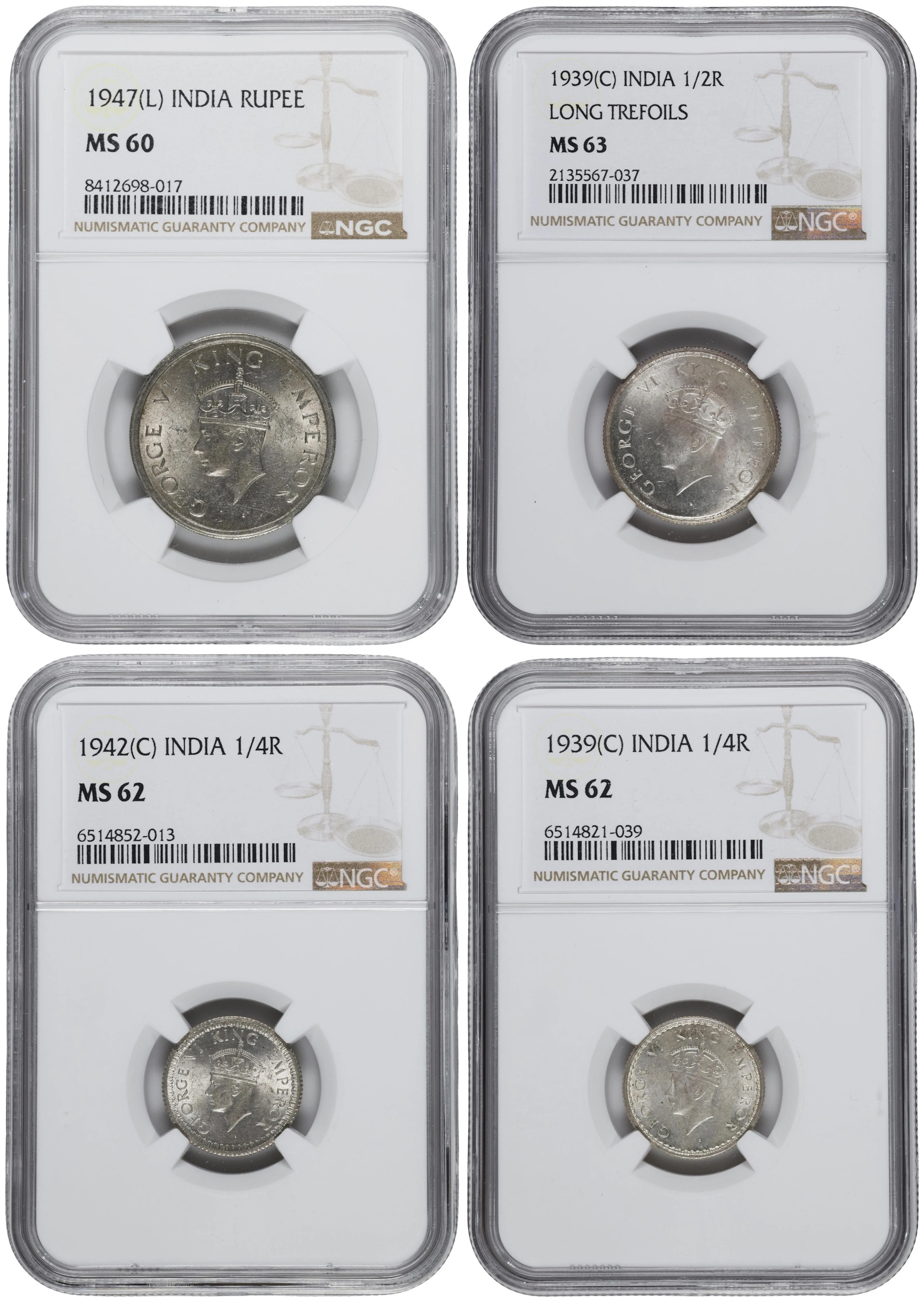INDIA. Quartet of Mixed Denominations, 1939-47. George VI. All NGC Certified.