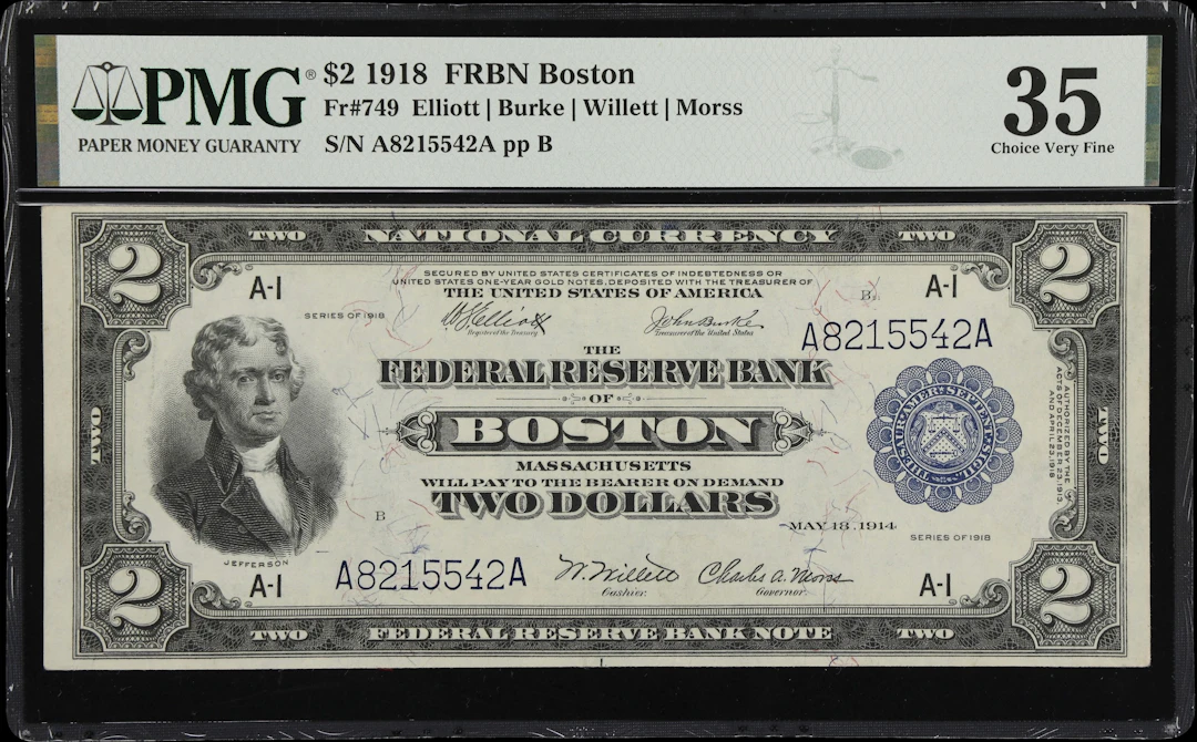 Fr. 749. 1918 $2 Federal Reserve Bank Note. Boston. PMG Choice Very Fine 35.