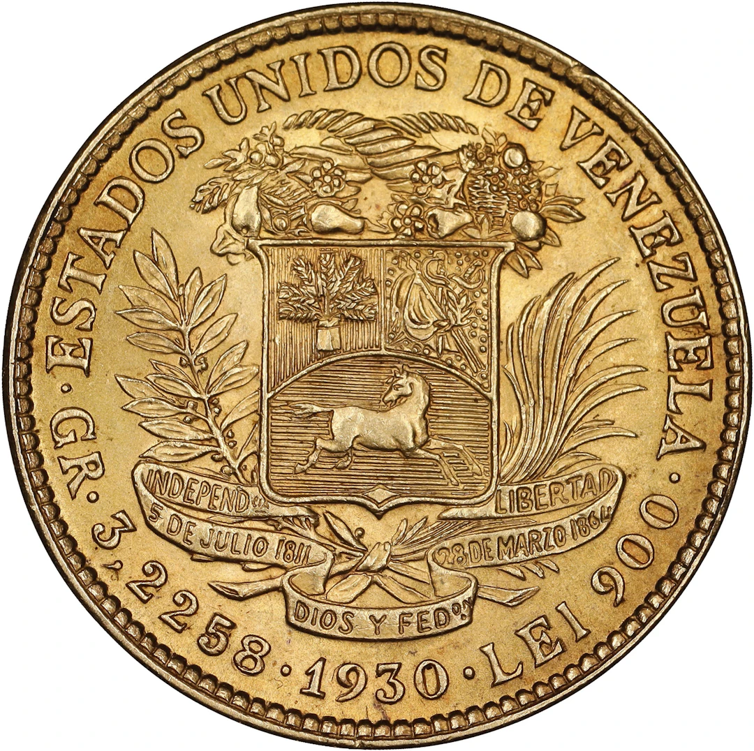 (0.093 oz, 2.893 g AGW). Venezuela. 1930 Gold 10 Bolivares.
