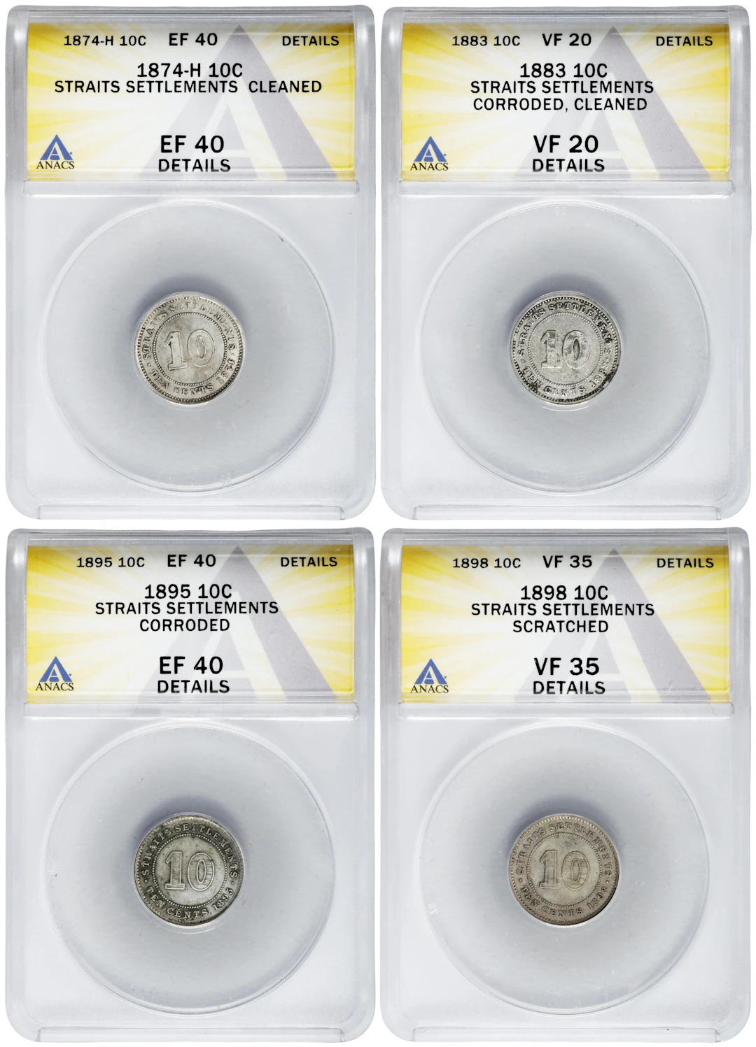STRAITS SETTLEMENTS. Quartet of 10 Cents (4 Pieces), 1874-98. Victoria.