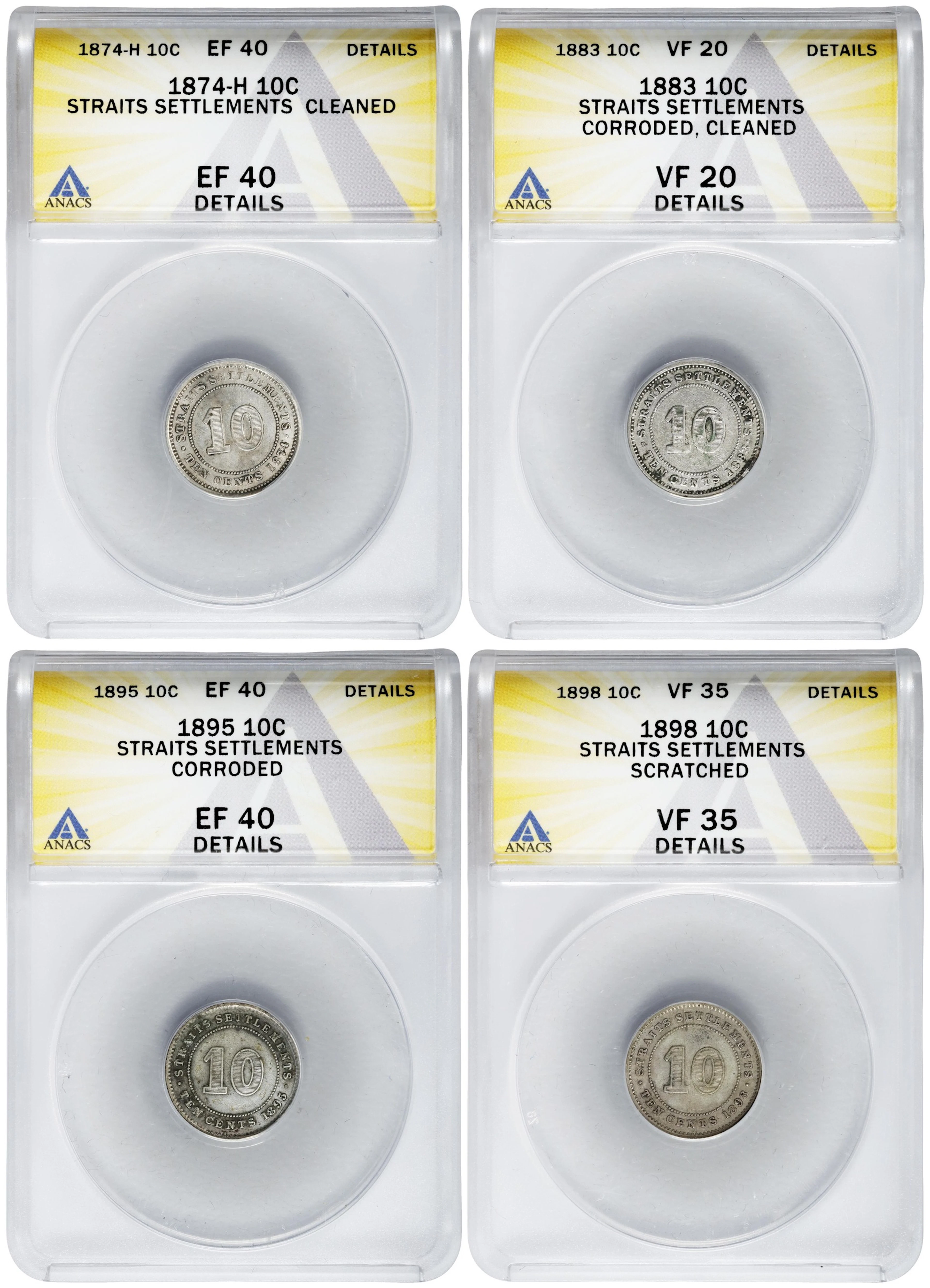 STRAITS SETTLEMENTS. Quartet of 10 Cents (4 Pieces), 1874-98. Victoria.