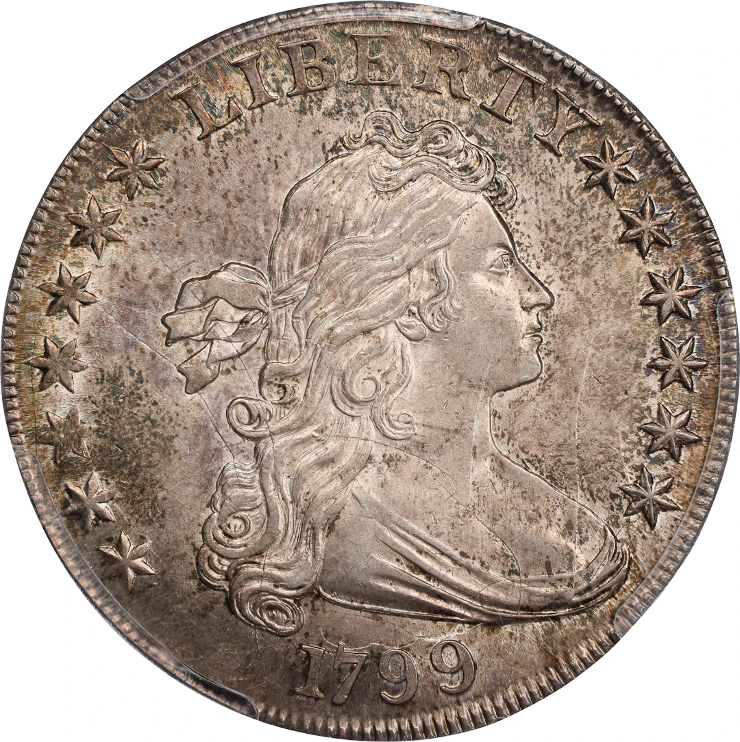1799 Draped Bust Silver Dollar. BB-158, B-16b. Rarity-2. MS-64+ (PCGS). CAC.