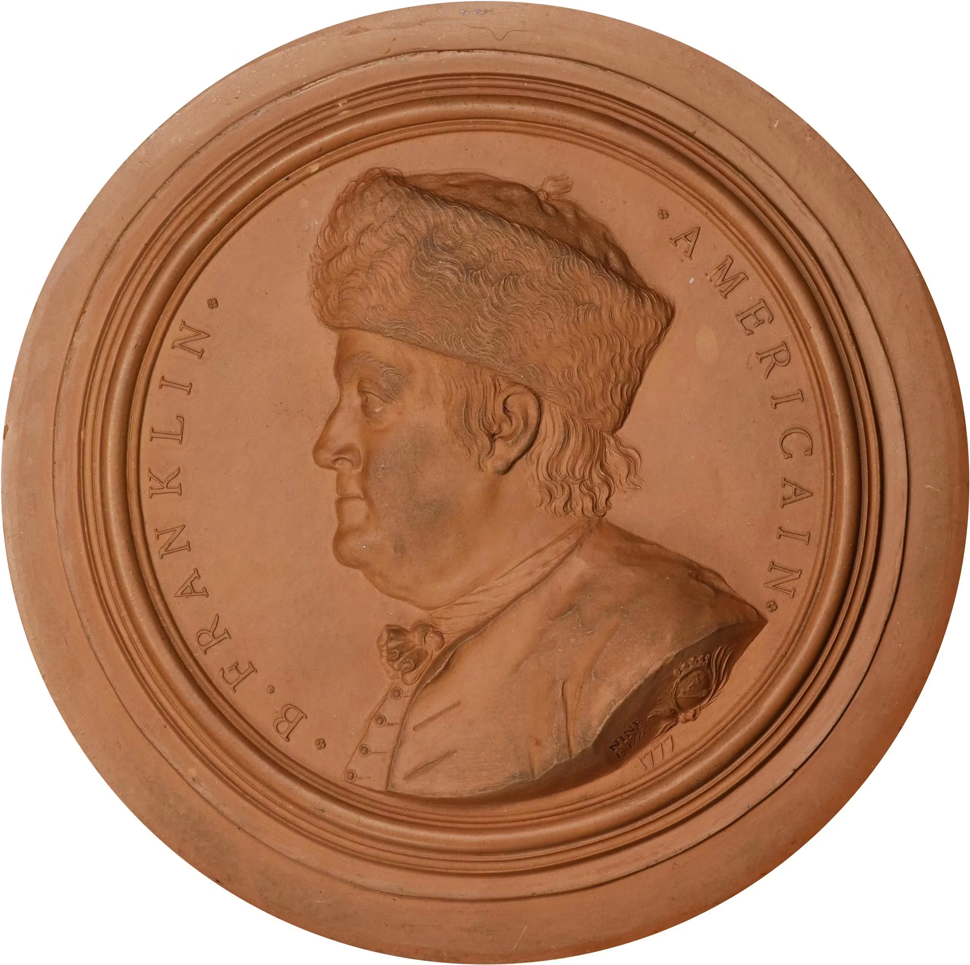 1777 B. Franklin Américain Portrait Medallion. Fur Cap without Spectacles.