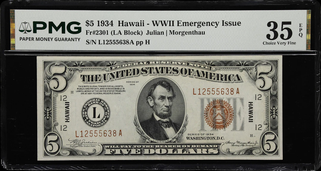 Fr. 2301. 1934 $5 Hawaii Emergency Note. PMG Choice Very Fine 35 EPQ.