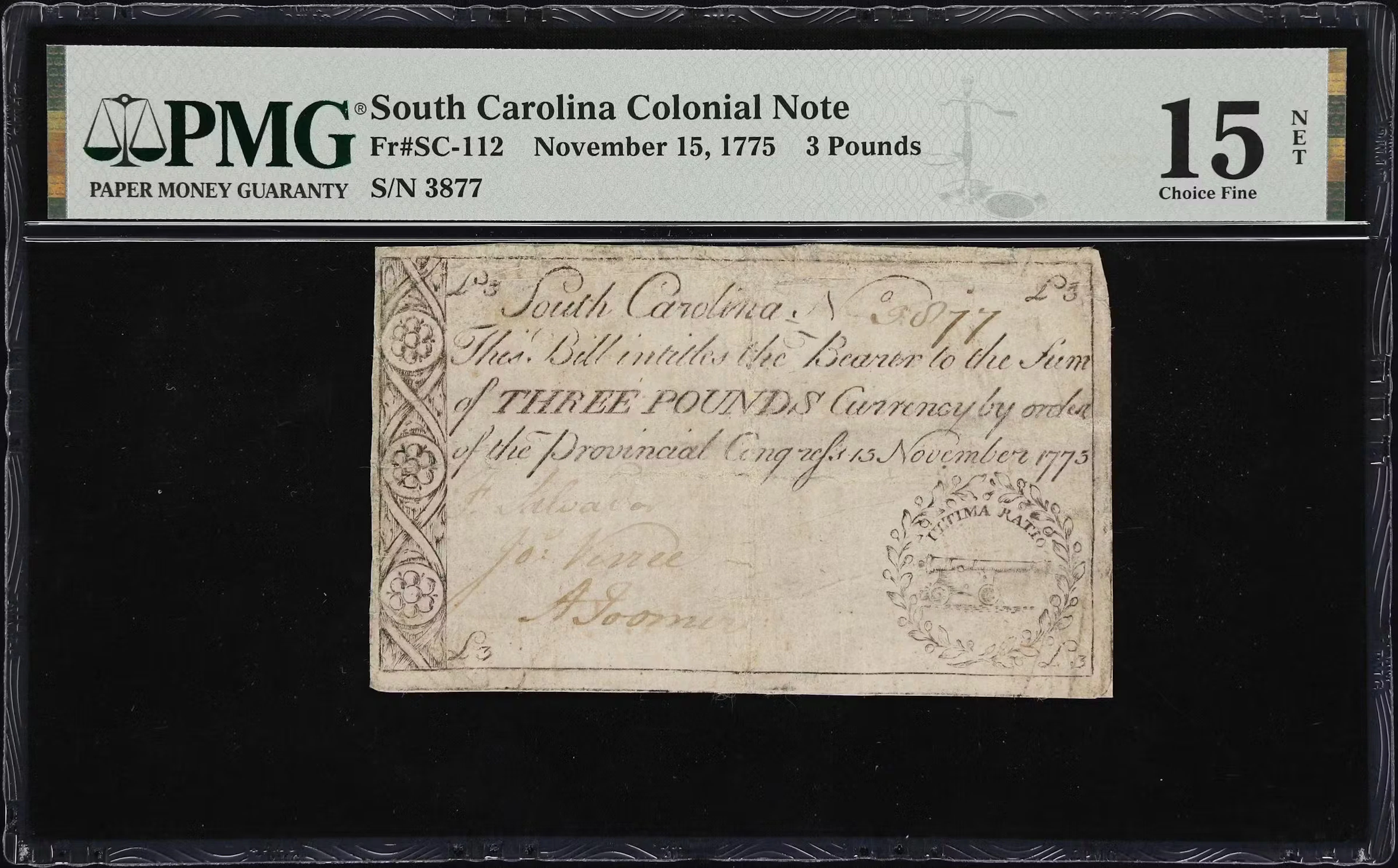 SC-112. South Carolina. November 15, 1775. 3 Pounds. PMG Choice Fine