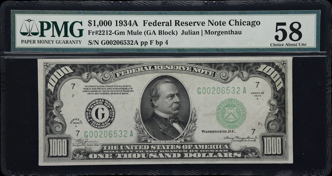Fr. 2212-Gm. 1934A $1000 Federal Reserve Note. Mule. Chicago. PMG