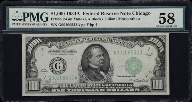 Fr. 2212-Gm. 1934A $1000 Federal Reserve Note. Mule. Chicago. PMG