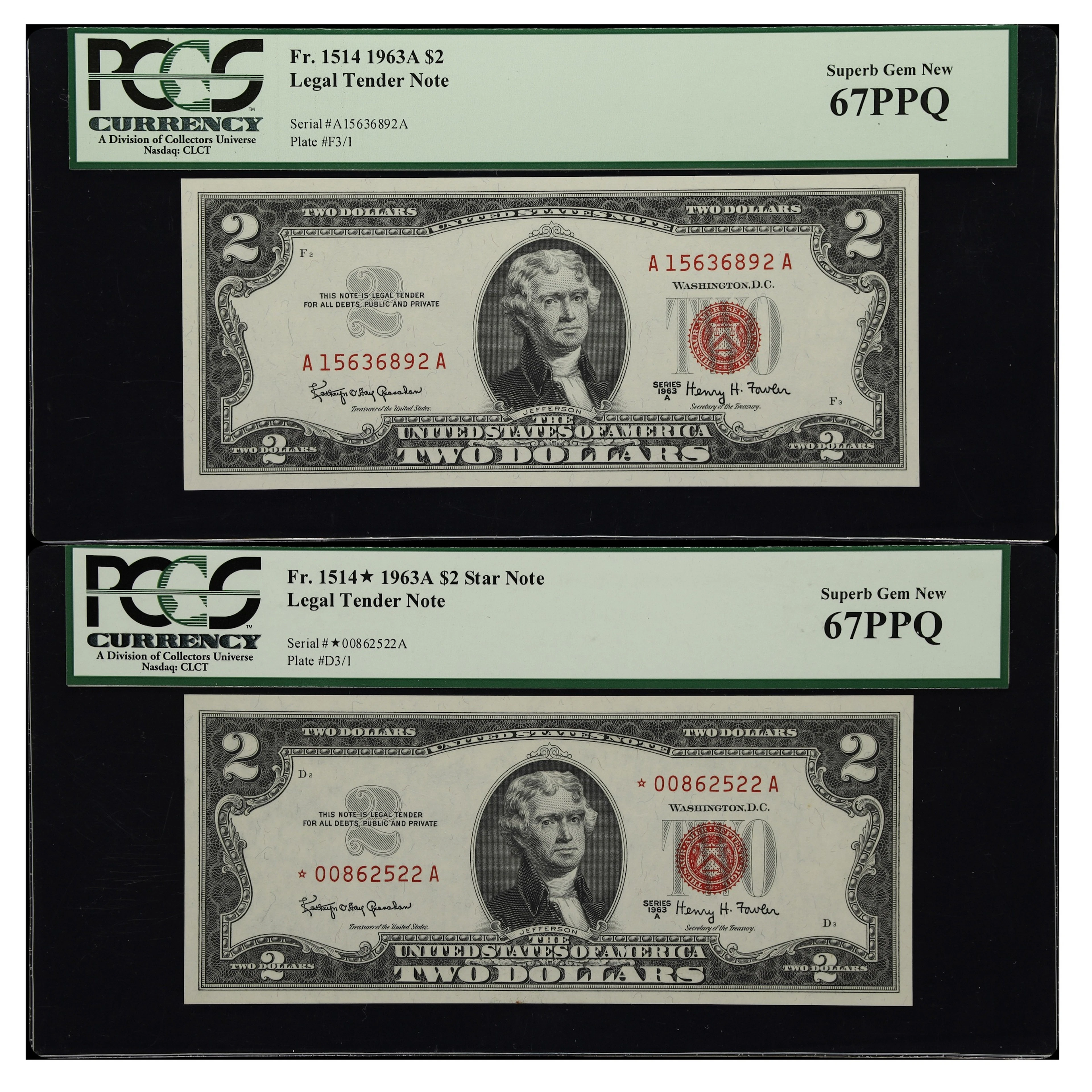 Lot of (2) Fr. 1514 & 1514*. 1963A $2 Legal Tender Notes. PCGS Currency
