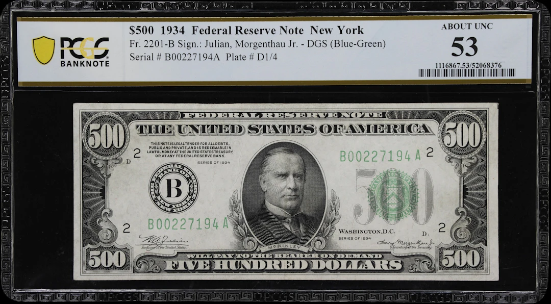 Fr. 2201-B. 1934 Dark Green Seal $500 Federal Reserve Note. New York.