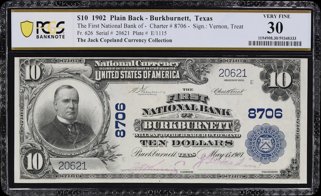 Burkburnett, Texas. $10 1902 Plain Back. Fr. 626. First NB. Charter
