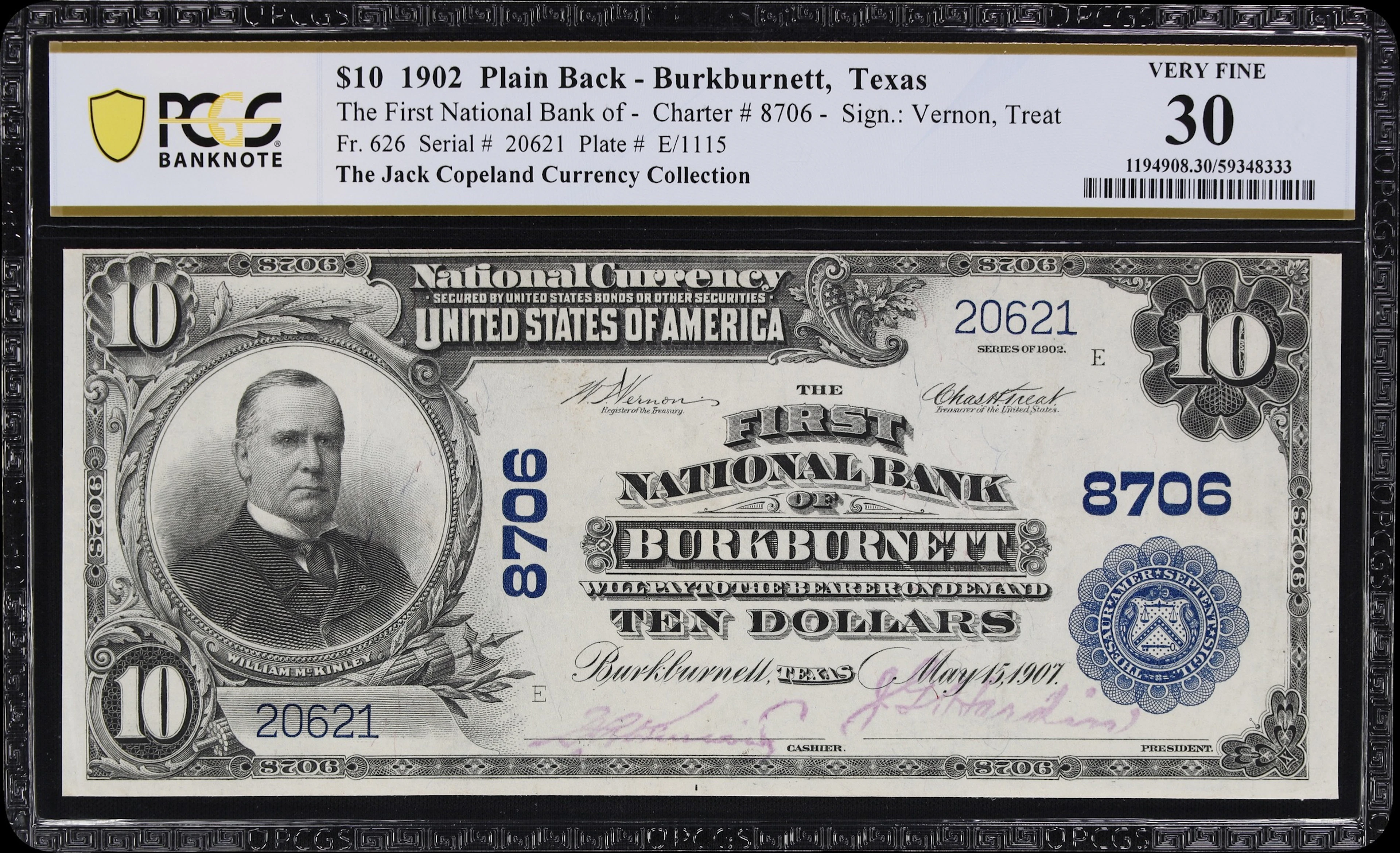 Burkburnett, Texas. $10 1902 Plain Back. Fr. 626. First NB. Charter