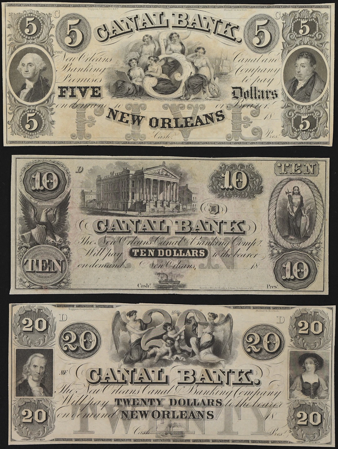 Lot of (3) New Orleans, Louisiana. Canal Bank. 18xx $5, $10 & $20.