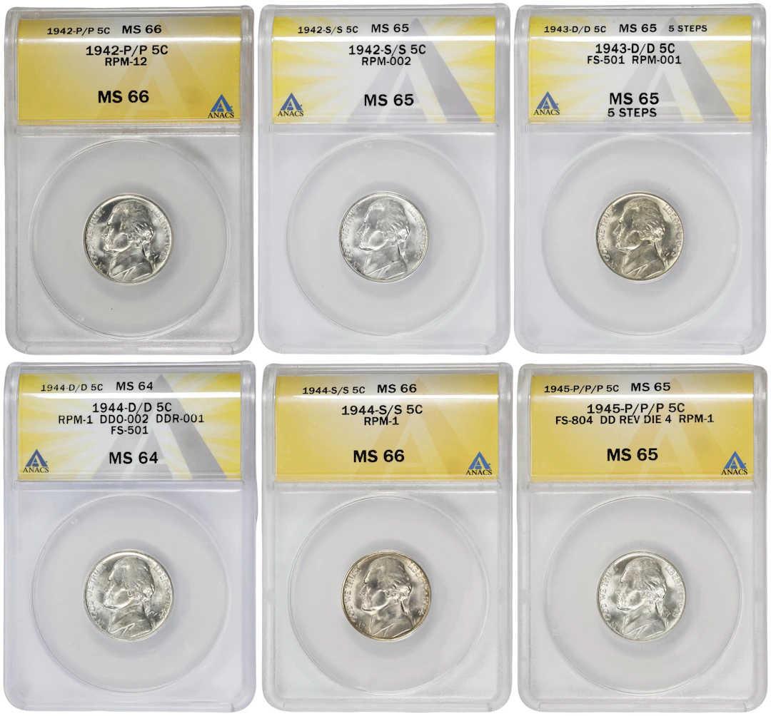 Lot of (6) Certified Wartime Jefferson Nickel Varieties.