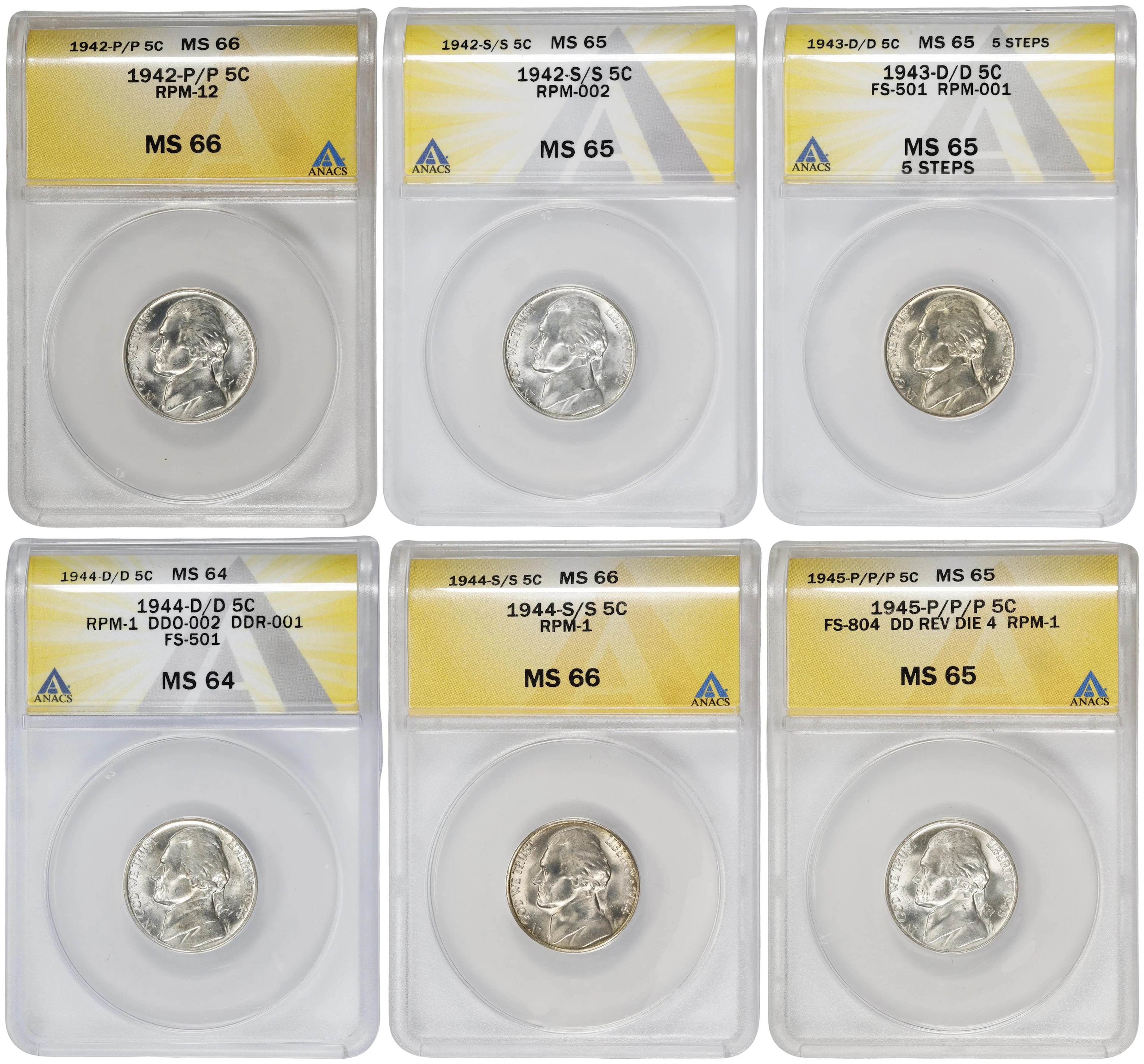 Lot of (6) Certified Wartime Jefferson Nickel Varieties.