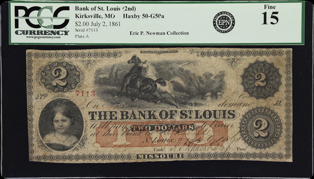 Kirksville, Missouri. Bank of St. Louis. 1861 $2. PCGS Currency Fine 15.