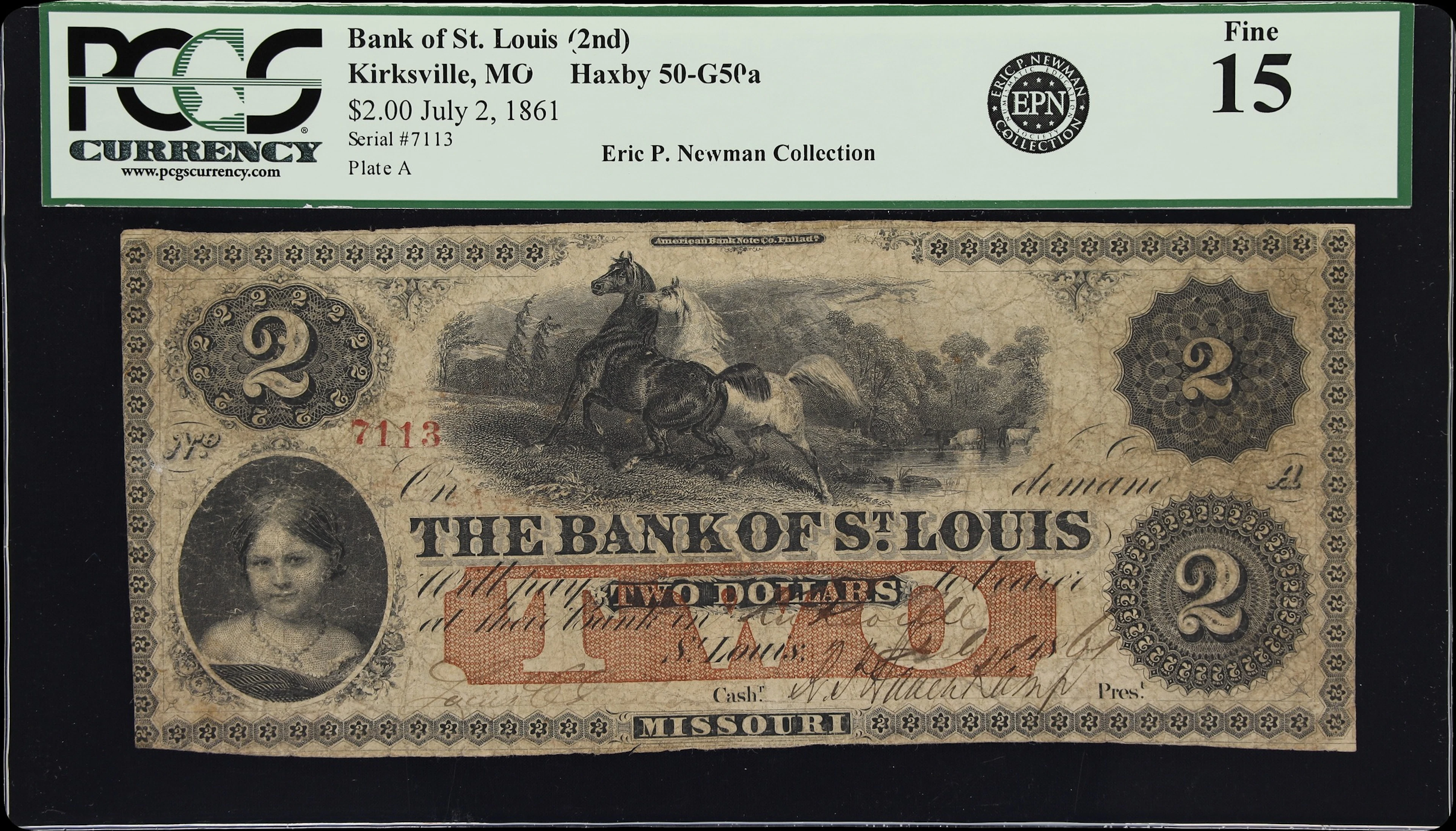 Kirksville, Missouri. Bank of St. Louis. 1861 $2. PCGS Currency Fine 15.