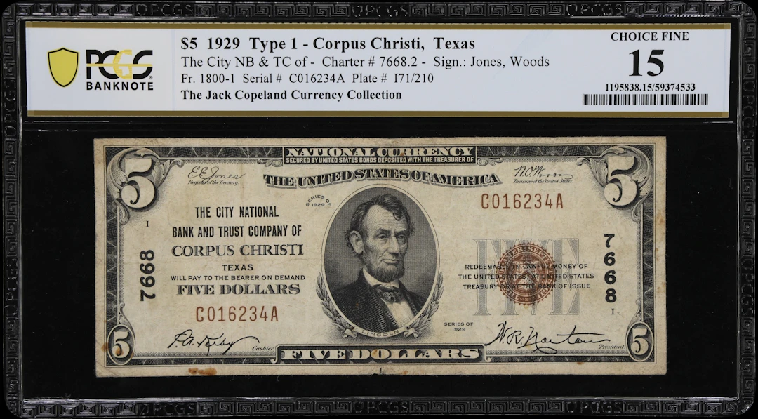 Corpus Christi, Texas. $5 1929 Ty. 1. Fr. 1800-1. City NB & TC. Charter