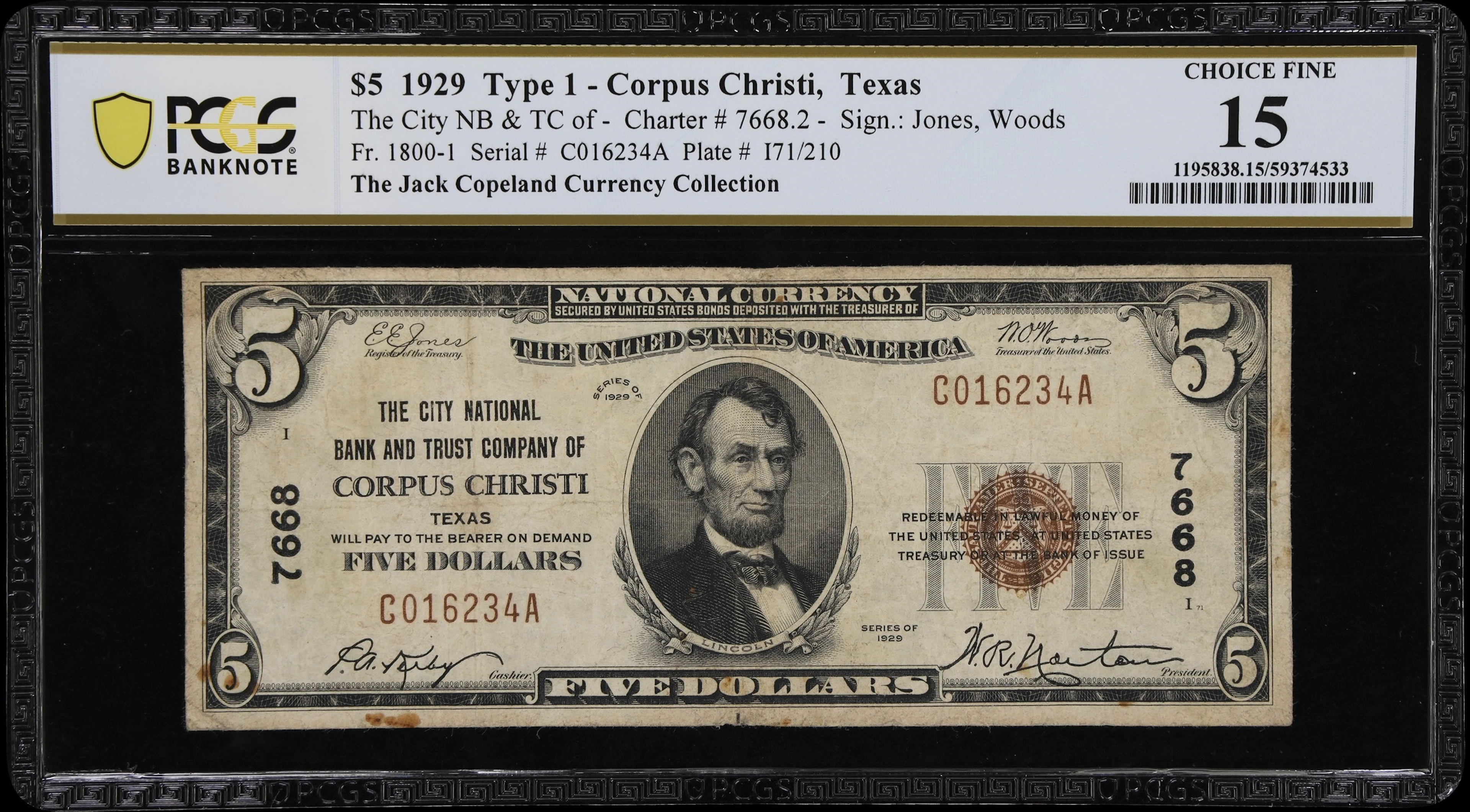 Corpus Christi, Texas. $5 1929 Ty. 1. Fr. 1800-1. City NB & TC. Charter