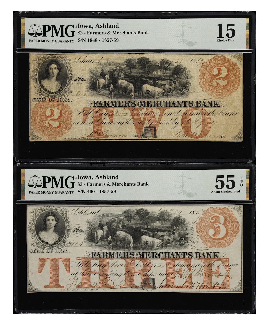 Lot of (2) Ashland, Iowa. Farmers & Merchants Bank. 1857-59 $2 & $3.
