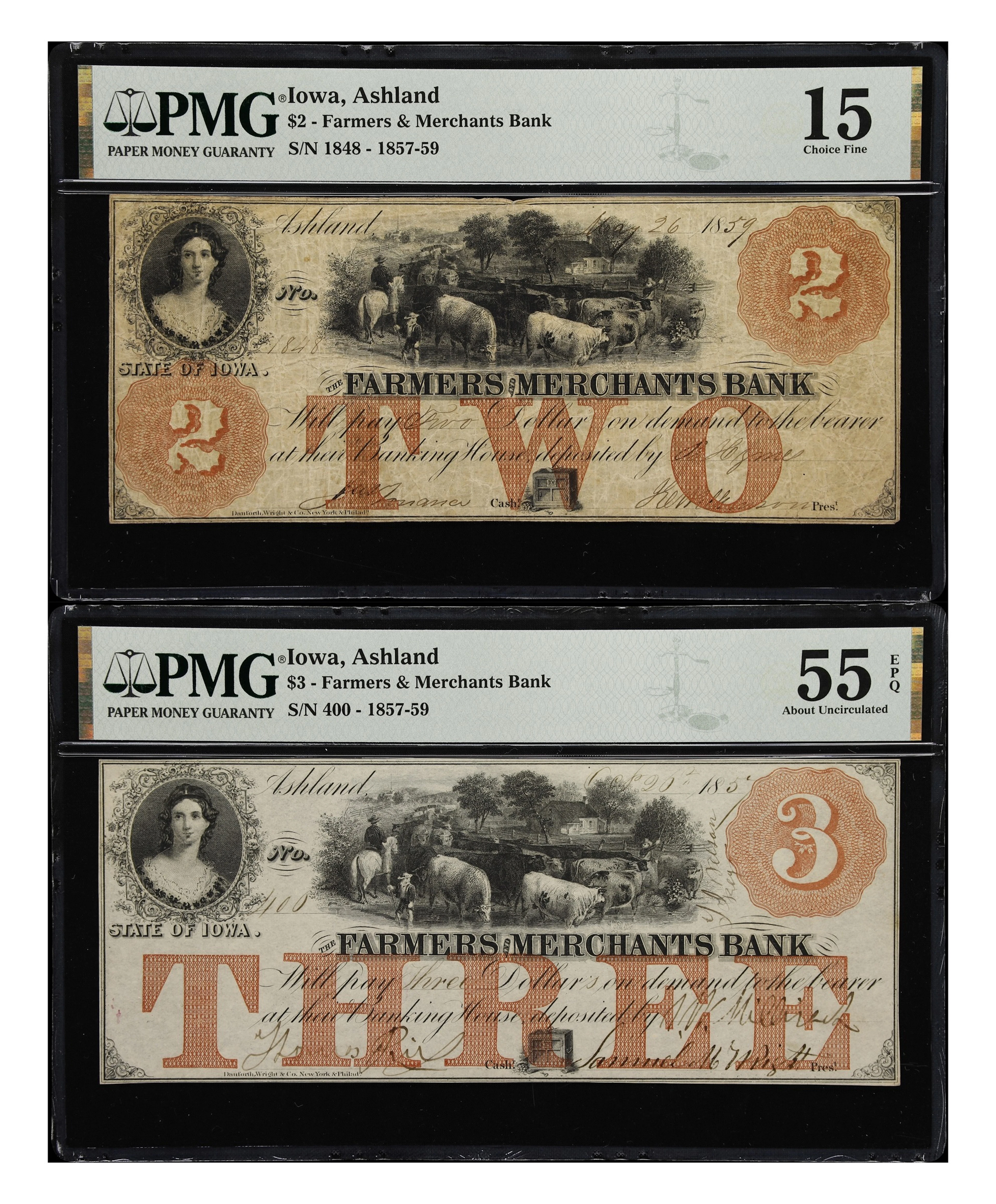 Lot of (2) Ashland, Iowa. Farmers & Merchants Bank. 1857-59 $2 & $3.