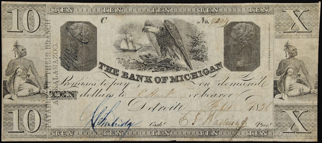 Detroit, Michigan. Bank of Michigan. 1836 $10. Very Fine.