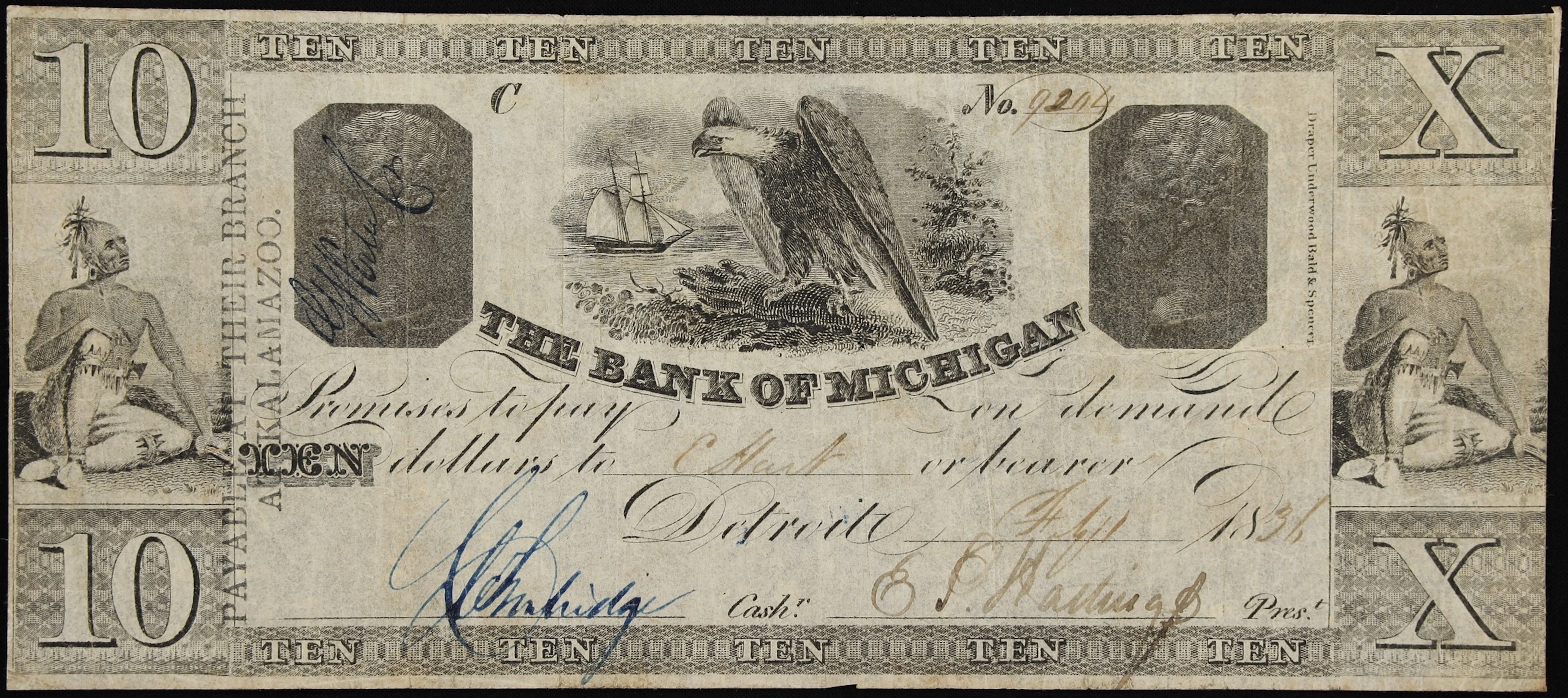 Detroit, Michigan. Bank of Michigan. 1836 $10. Very Fine.