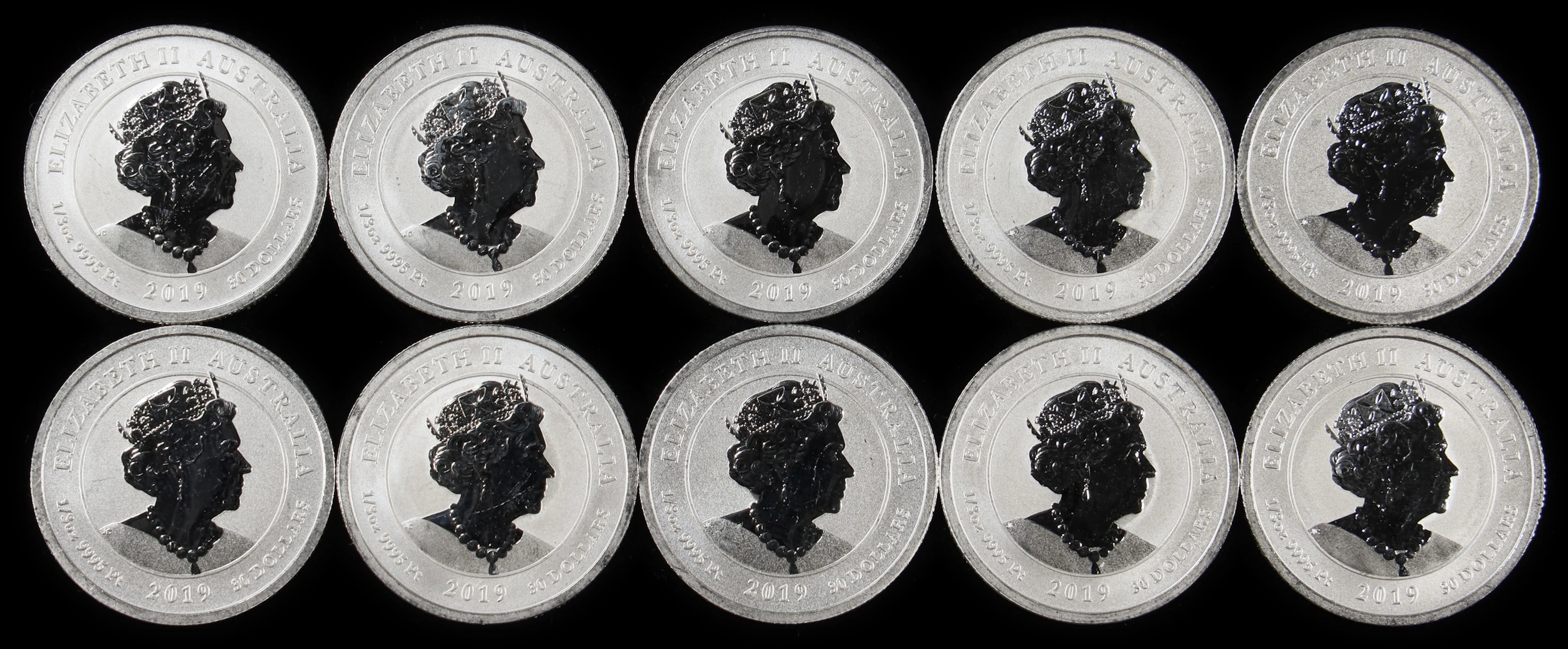 (3.333 oz, 103.68 g APtW). Australia. Lot of (10) 2019 Humpback Whale