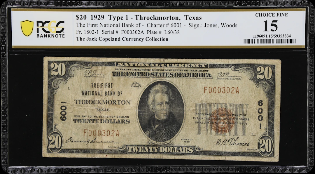 Throckmorton, Texas. $20 1929 Ty. 1. Fr. 1802-1. First NB. Charter