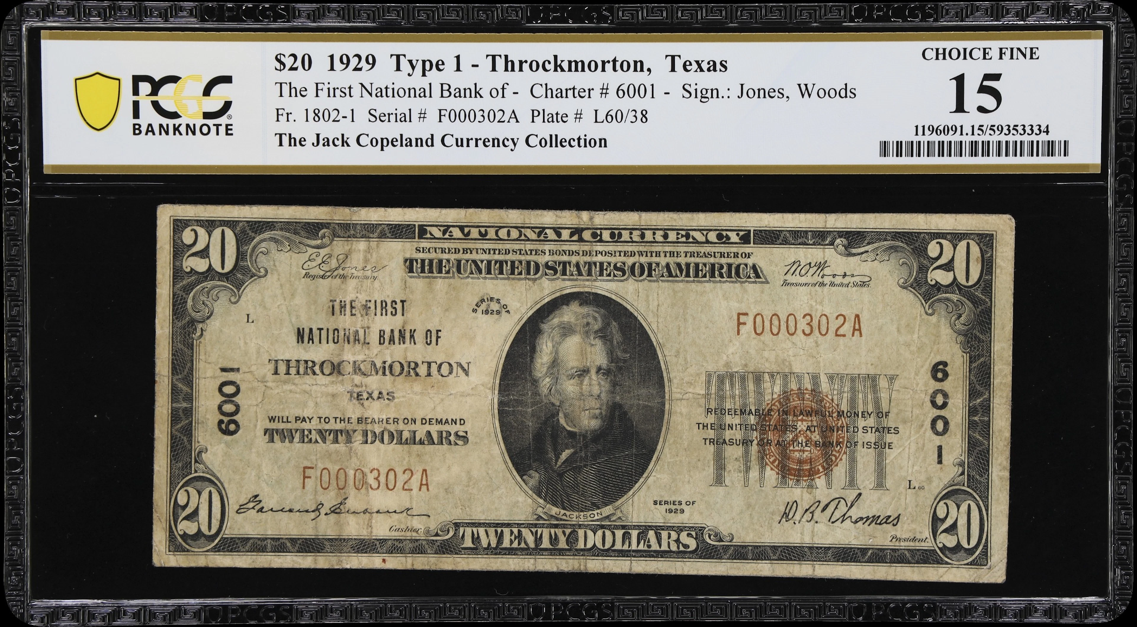 Throckmorton, Texas. $20 1929 Ty. 1. Fr. 1802-1. First NB. Charter