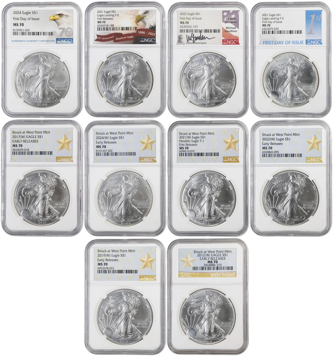 (10 oz, 311.04 g ASW). Lot of (10) Mixed Date American Silver Eagles.