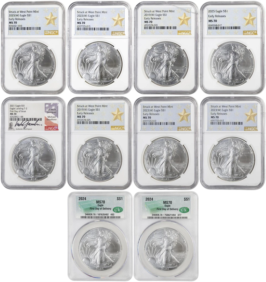 (10 oz, 311.04 g ASW). Lot of (10) Mixed Date American Silver Eagles.