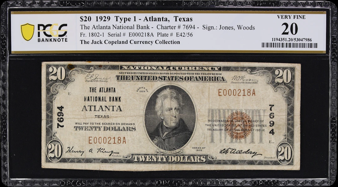 Atlanta, Texas. $20 1929 Ty. 1. Fr. 1802-1. Atlanta NB. Charter #7694.